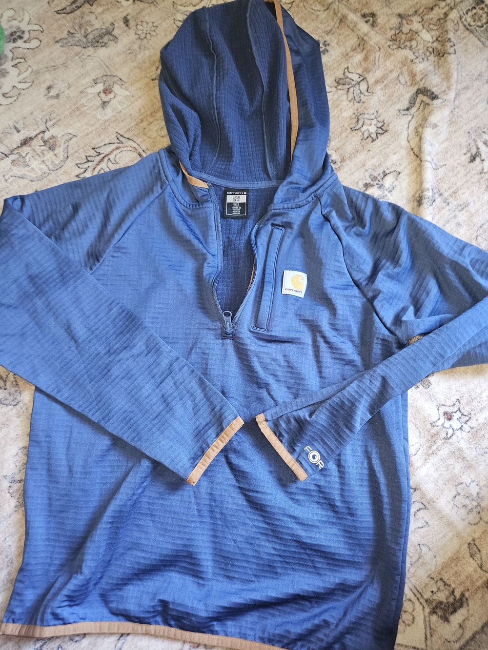 Carhartt Men's Blue Quarter-Zip Hooded Pullover with Tan Trim